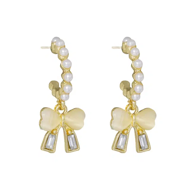 澜耀 金色蝴蝶结耳坠  温柔白色欧若精灵风甜美耳饰#好运 合金 耳环 女款