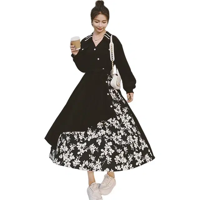 稻草人 法式复古设计显瘦御姐轻熟风中长裙长袖连衣裙 女款