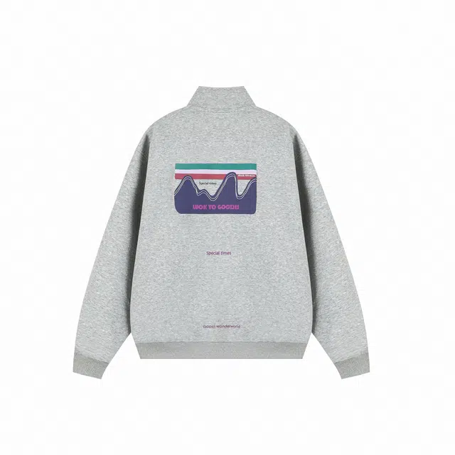 港仔文艺男 拼接解构背面卡通山峰撞色字母条纹印花日系休闲立领开衫上衣百搭宽松简约卫衣 男女同款