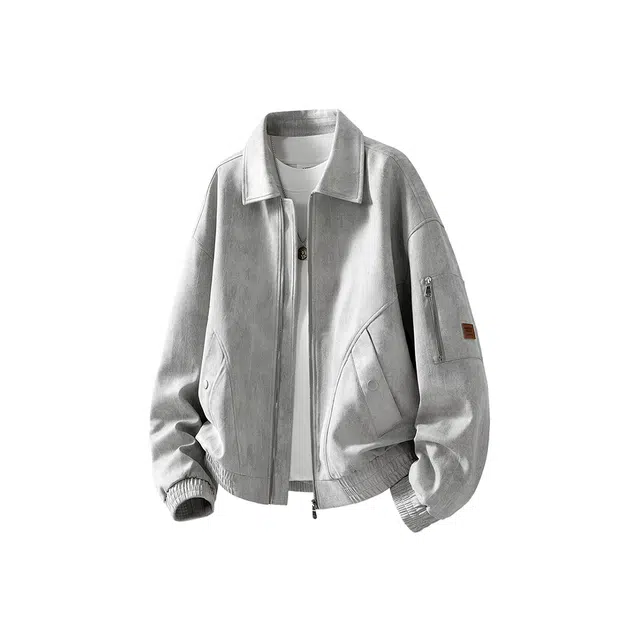 顶峰保罗 美式潮牌翻领麂皮绒工装上衣无性别主义直筒纯色高街宽松大码休闲高级感百搭长袖飞行夹克 男女同款