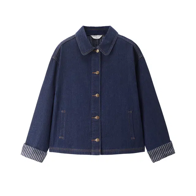 佐丹奴 随性时髦风水洗条纹内里翻领宽松牛仔外套 女款