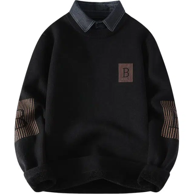 百胜狐 衬衫领假两件套头打底衫加厚保暖针织衫 男款