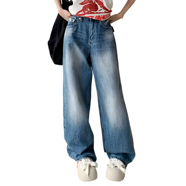 荟萃阁 复古阔腿袋盖设计感宽松直筒大裤脚脚拖地裤子牛仔裤 女款