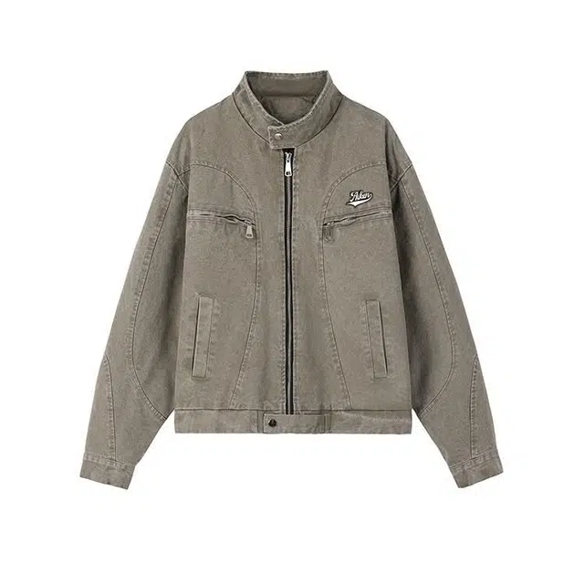 爱肯 美式复古风格水洗帆布国潮立领休闲长袖外套宽松百搭夹克 男女同款