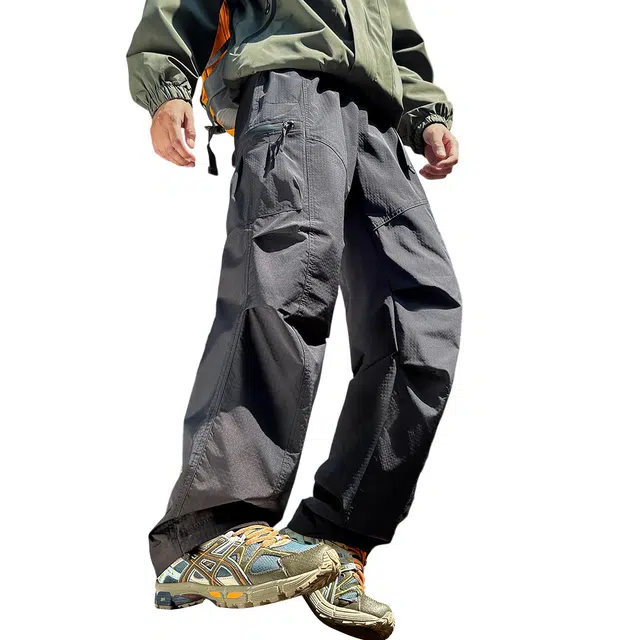 顶峰保罗 美式户外登山大口袋工装长裤显高显瘦弹力阔腿垂感百搭防风防水无性别主义山系骑行纯色褶皱伞兵运动直筒休闲裤 男女同款