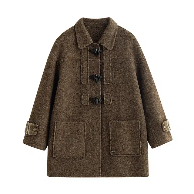 茵曼 羊驼毛蚕丝双面呢拉毛牛角扣长袖舒适厚实质感保暖气质宝藏显瘦平价毛呢时尚氛围大衣 女款