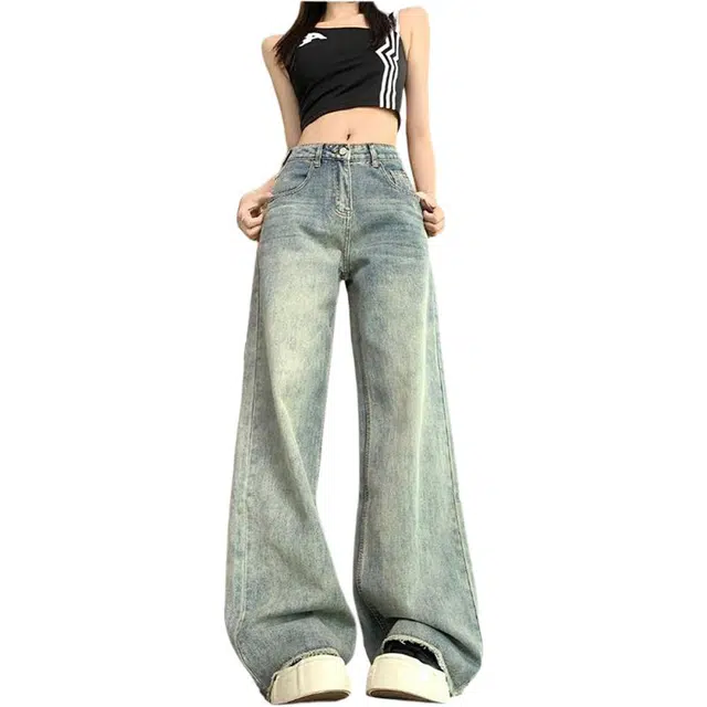 么宁 美式高街复古毛边设计感高腰阔腿裤宽松显瘦直筒拖地裤子做旧简约舒适牛仔裤 女款