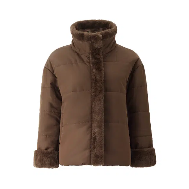 佐丹奴 毛茸茸立体质感毛毛边立领梭织棉衣外套棉服 女款