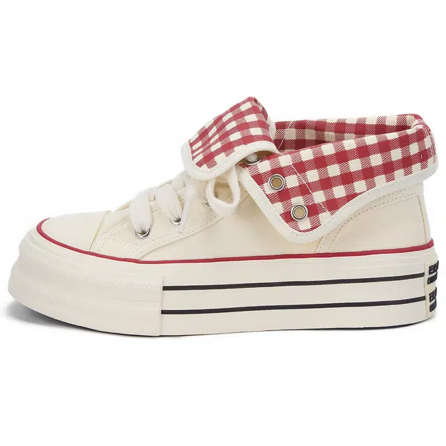 韩系小众百搭翻边格纹学院风舒适轻便防滑休闲运动两穿 耐磨增高减震 高帮 帆布鞋 女款