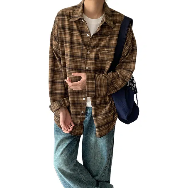 冈哉 复古磨毛格子宽松休闲百搭翻领长袖叠穿潮搭垂感痞帅少年感舒适打底内搭外穿春秋款衬衫  男女同款