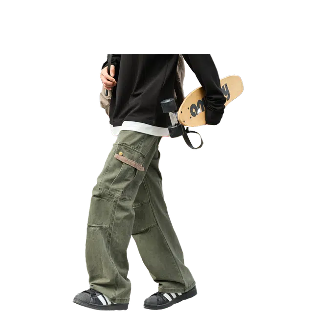 港仔文艺男 美式复古水洗拼接解构侧面撞色口袋户外运动垂感工装直筒裤百搭潮流宽松休闲裤 男女同款