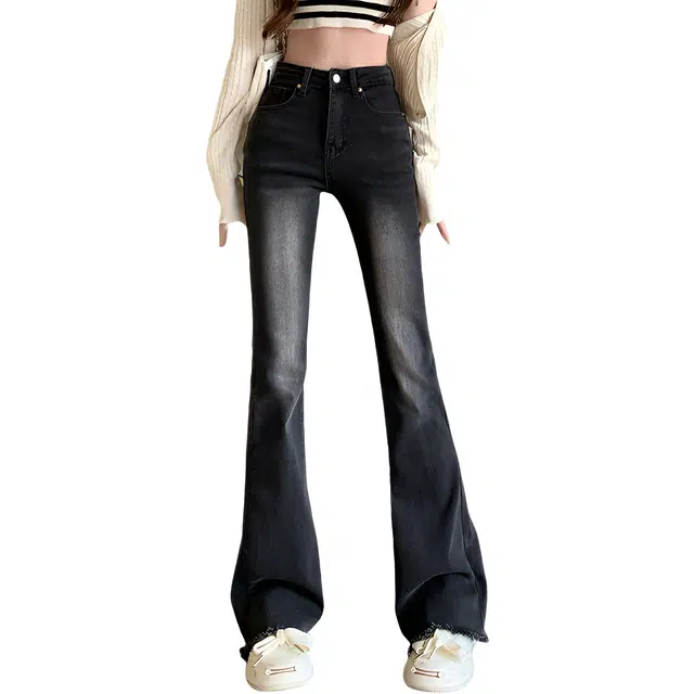 荟萃阁 复古微喇叭修身显瘦弹力高腰水洗毛边长裤子牛仔裤 女款