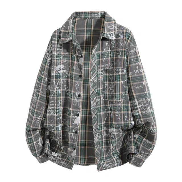 吾皇猫 美式高街复古晕染格子设计时尚痞帅单排扣开衫外套宽松百搭休闲日常通勤长袖衬衫 男女同款