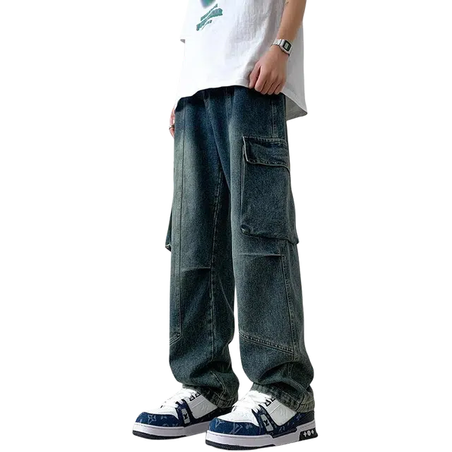 一碗士多 美式水洗做旧大口袋纯色结构拼接高级感设计户外通勤日常百搭高街潮牌舒适宽松痞帅基础款潮流时尚拉链中腰直筒牛仔裤 男女同款