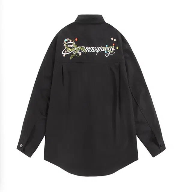 【dme】 美式简约长袖衬衣男春秋潮牌翻领花藤刺绣寸衣高街宽松情侣舒适百搭休闲上衣外套衬衫 男女同款