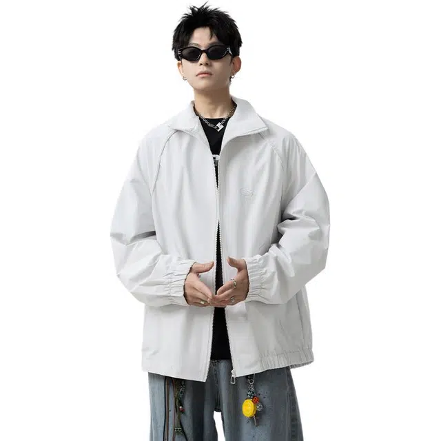 冈哉 美式简约经典刺绣运动冲锋户外薄外套立领痞帅个性潮流潮牌时尚慵懒感日常通勤柔软舒适亲肤夹克 男女同款