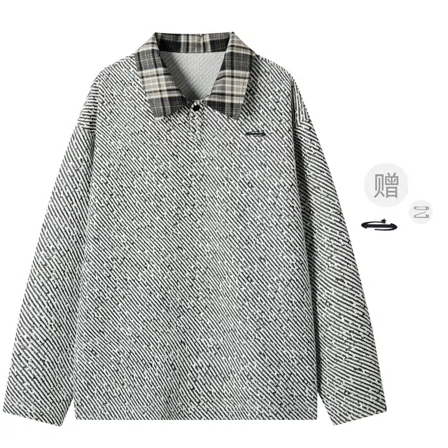 明尼凯 美式复古高街格子拼接设计雪尼尔重磅粗花针织潮牌假两件小香风内搭小众叠穿打底衫休闲百搭痞帅翻领套头长袖卫衣 男女同款