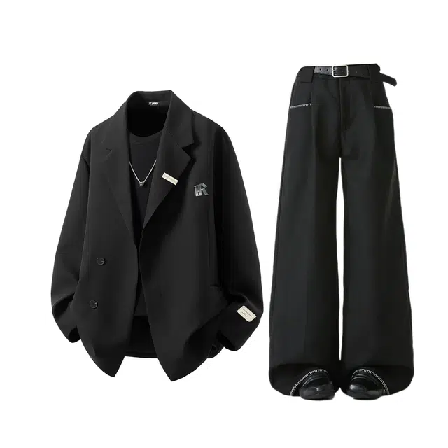 梓润格 酷飒帅气时尚潮流中性商务青春双开叉金属搭扣舒适经典大码美式复古韩版西服褶皱缝线设计感弯刀休闲西裤西装套装 男女同款