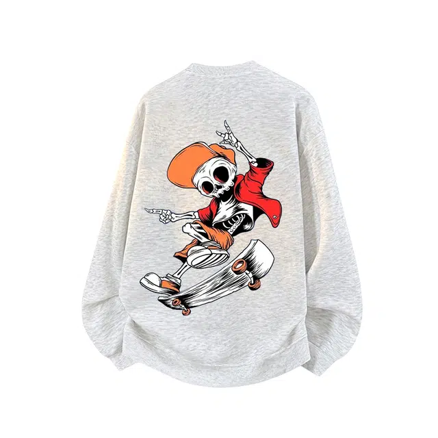 一碗士多 美式街头潮牌烟花骷髅趣味印花高级感设计痞帅动漫复古时尚青春休闲舒适宽松基础款出片游玩百搭潮流圆领落肩长袖卫衣 男女同款