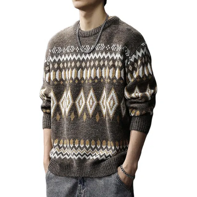 前进牛 秋冬新中式休闲国潮户外机能重磅费尔岛提花上衣打底衫潮流未来主义复古民族风宽松圆领针织衫 男女同款