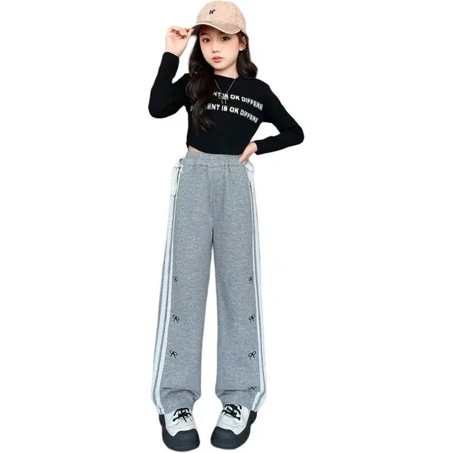 蓝彩何卫裤 女童直筒运动裤春秋女大童蝴蝶结裤儿童拖地长裤初中生加绒裤子