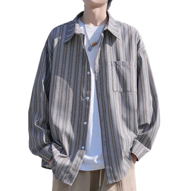 冈哉 美式学院风撞色条纹拼接基础款设计慵懒松弛时尚潮流舒适通勤青少年百搭长袖衬衫 男女同款