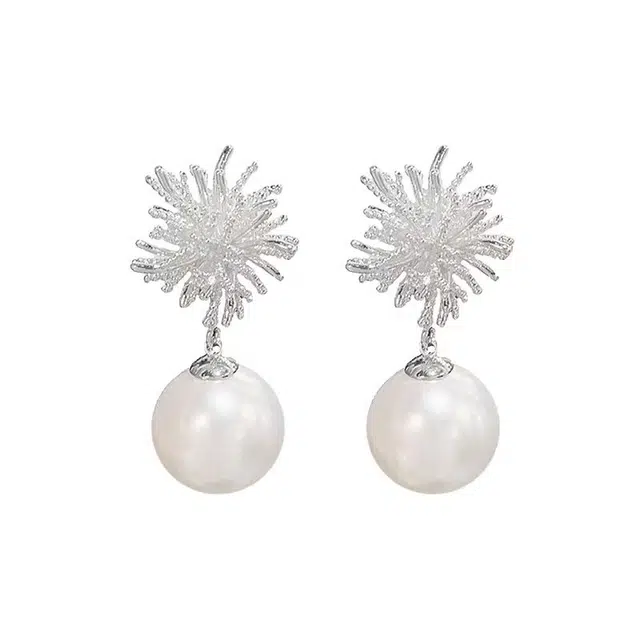 澜耀 银色烟花珍珠耳坠 小众素款欧若精灵风高级感耳饰 合金 耳环 女款