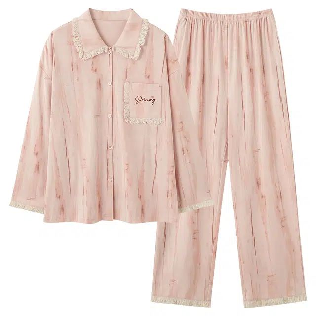俏霓桐 春秋款甜美晕染纯棉亲肤简约可爱流苏优雅休闲长袖长裤家居服可外穿睡衣套装 女款