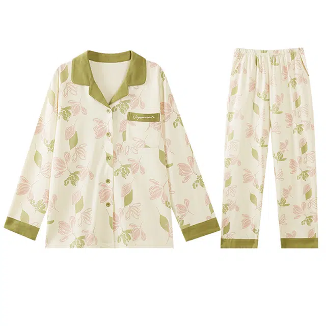 向薇 仿棉女长袖薄款春秋天花型图案条纹家居服睡衣套装 女款