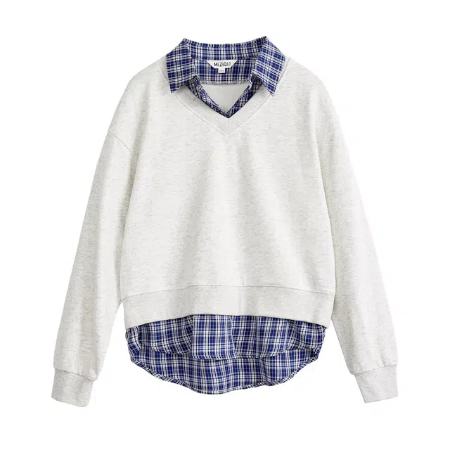 米子旗 拼接韩版学院风条纹常规长袖通勤套头卫衣 女款