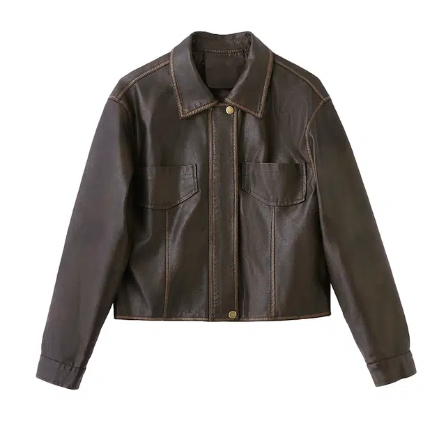 稻草人 翻领时尚工装风格潮流百搭复古秋外套皮衣 女款