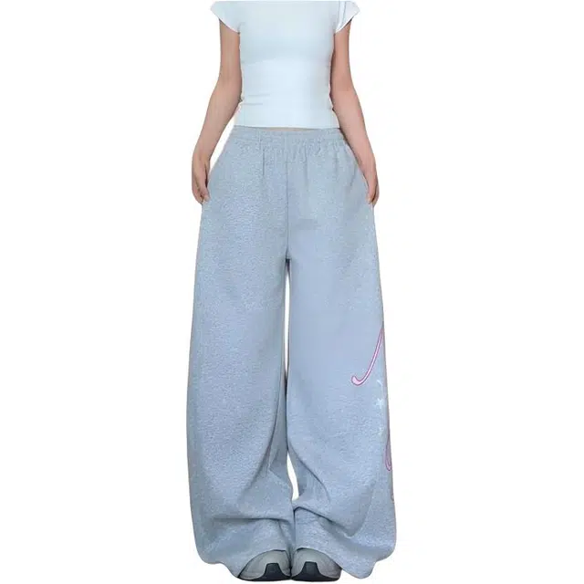 柏黛妃 松弛感字母烫钻运动卫裤宽松阔腿裤爵士舞裤子拖地美式休闲裤 女款