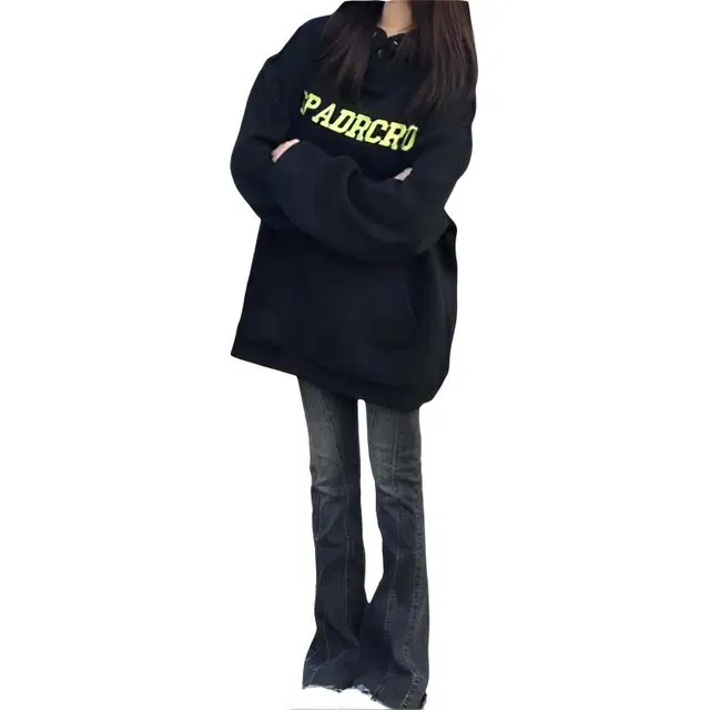 黛尔佳人 美式复古高街潮牌连帽加绒女秋冬宽松慵懒薄款外套卫衣 女款