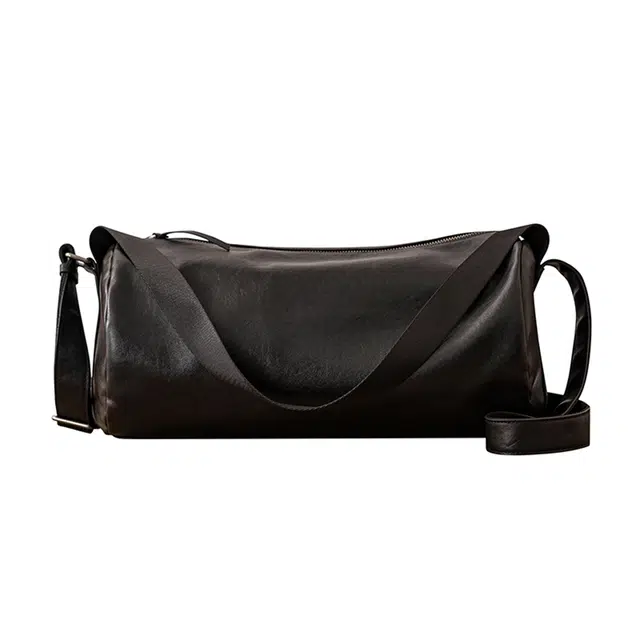 后步 复古简约纯色高级通勤 牛皮 圆筒包单肩斜挎手提包 大号 男款 黑色