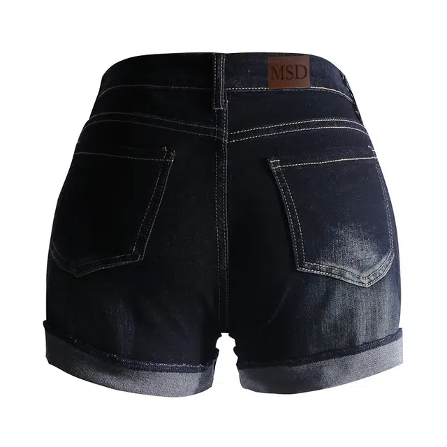 玫丝朵 美式复古卷边设计修身百搭牛仔短裤 女款 藏黑色