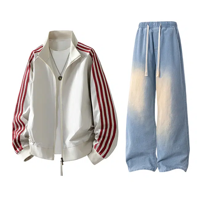 【防泼水外套裤子一套】布客行 三条杆条纹螺纹立领美式复古高街上衣夹克直筒水洗做旧微喇基础款松紧腰抽绳牛仔裤休闲运动套装 男女同款