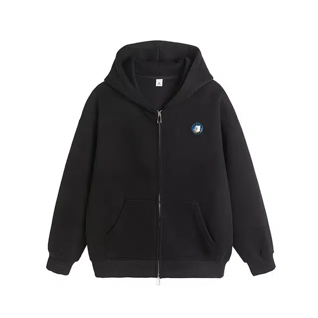 爱肯 基础款简约高街纯色重磅宽松休闲落肩口袋拉链连帽卫衣 男女同款