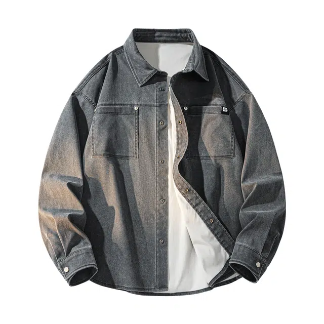 敦煌博物馆 美式高街复古时尚品牌织唛标水洗做旧舒适宽松大码休闲户外工装仿牛仔高级感翻领长袖衬衫 男女同款