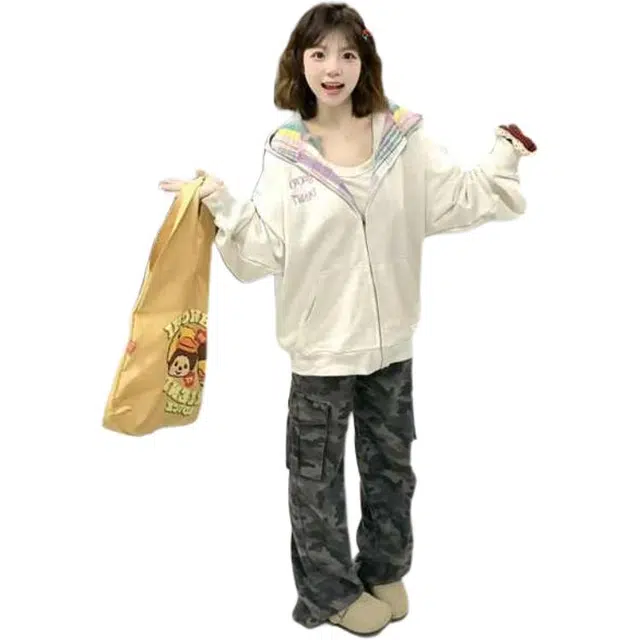 黛尔佳人 撞色格纹连帽女秋百搭潮宽松慵懒风开衫外套上衣卫衣 女款