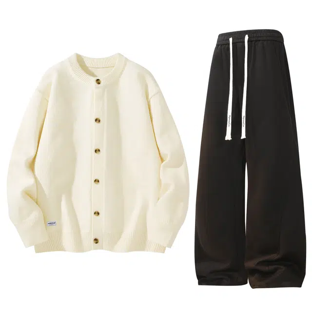 吾皇猫 日系高级感慵懒软糯舒适针织单排扣开衫外套宽松百搭纯色直筒垂感拖地休闲运动套装 男女同款