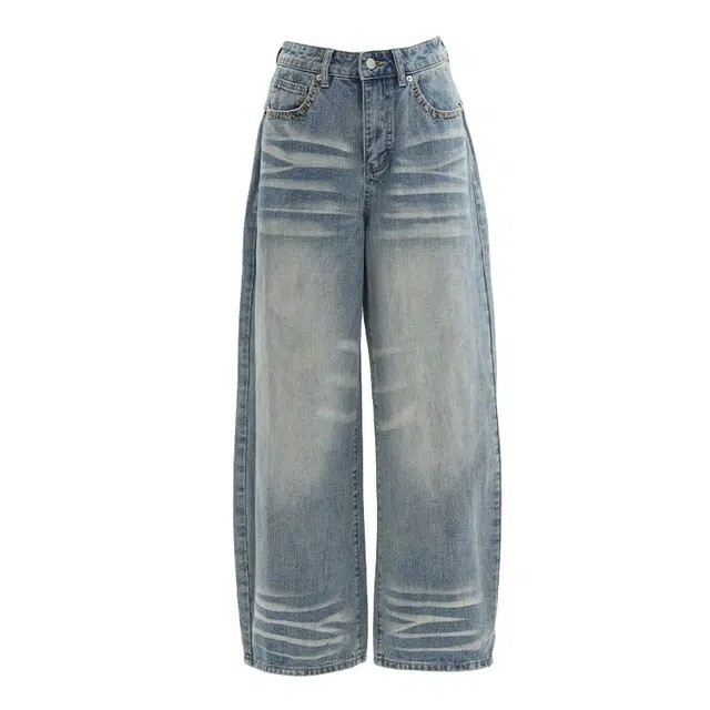 拾籍 美式高街复古怀旧宽松高腰猫咪纹设计秋冬百搭垂感直筒阔腿牛仔裤 女款