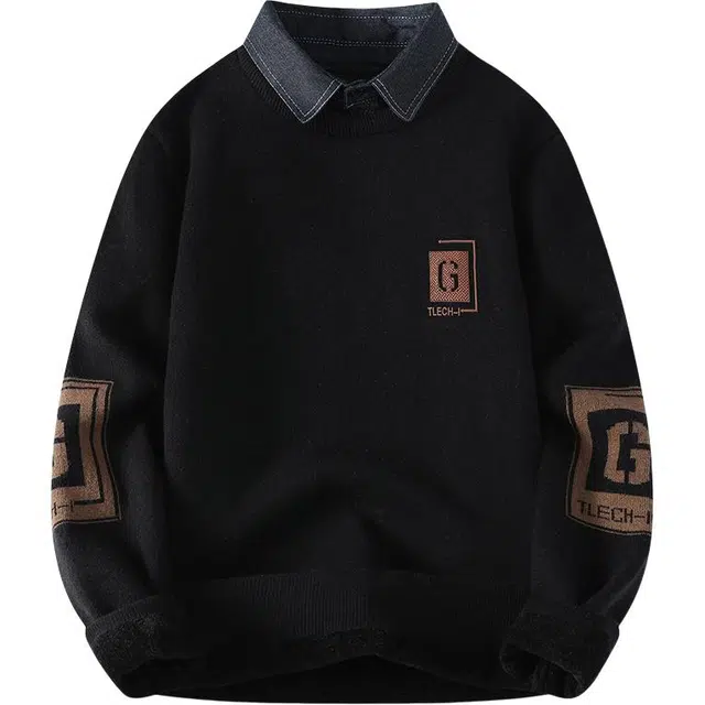 百胜狐 百胜狐假两件男秋季衬衫领套头打底衫加厚保暖冬装线衣服针织衫 男款