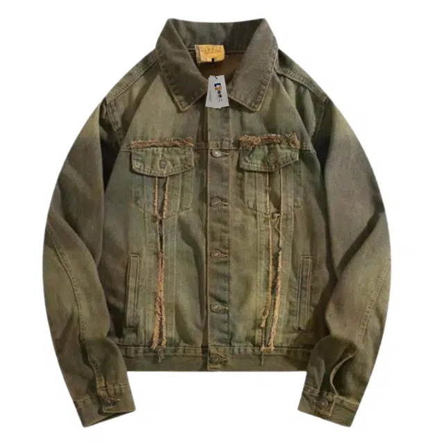地界二 做旧毛边牛仔外套秋冬重工水泥灰潮牌痞帅小众夹克 男款