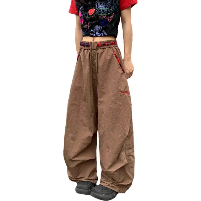 柏黛妃 格纹撞色褶皱工装裤女宽松地阔腿裤休闲裤 女款