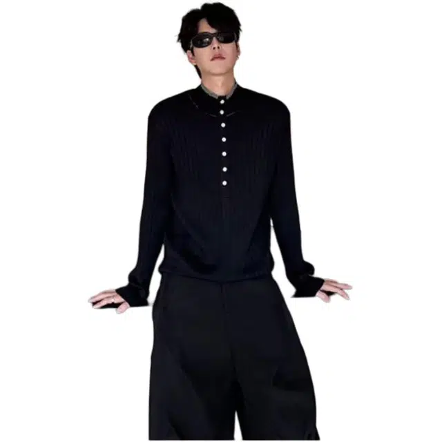 拓菲 韩系秋冬亨利领男休闲修身百搭粗条纹纯色打底衫针织衫 男女同款