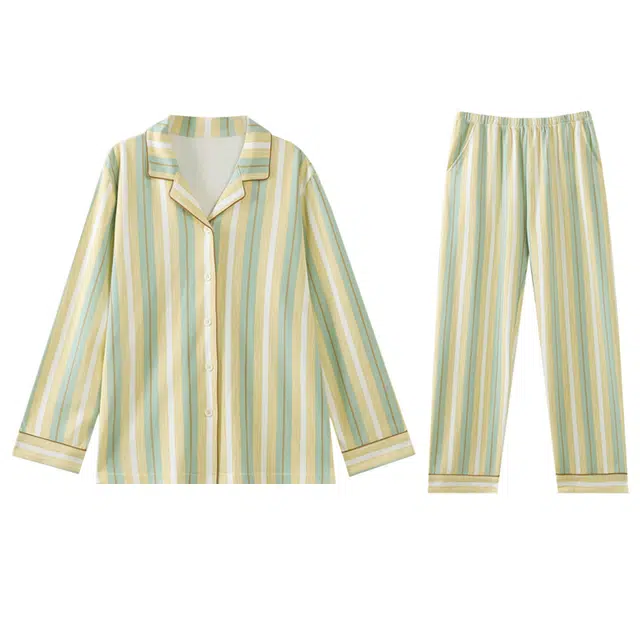 兰缪 仿棉长袖薄款宽松甜美条纹家居服睡衣套装 女款