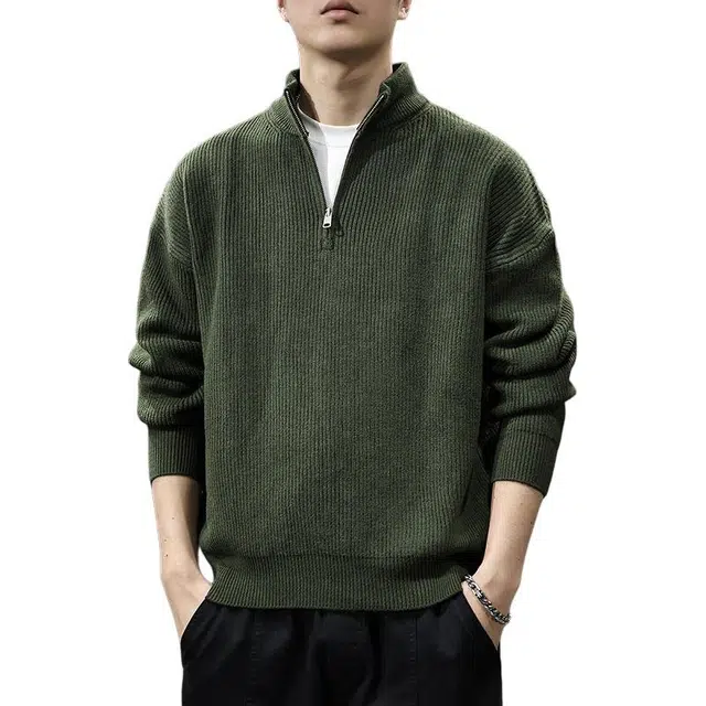 前进牛 冬季美式休闲复古潮牌纯色高端痞帅重磅保暖加厚半高领打底衫潮流运动学院雅痞百搭大码百搭休闲长袖宽松针织衫 男款