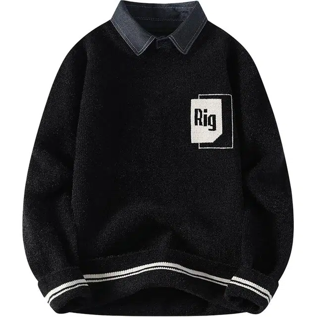 百胜狐 百胜狐假两件男秋冬季加厚宽松休闲衬衫领男高级感线衣打底衫针织衫 男款