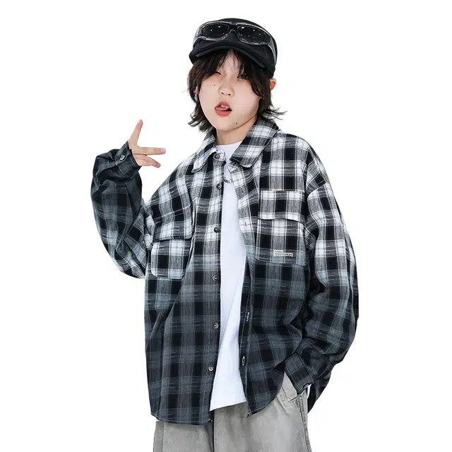 浪莎休闲衬衫 春秋 潮流渐变格子外套 青少年