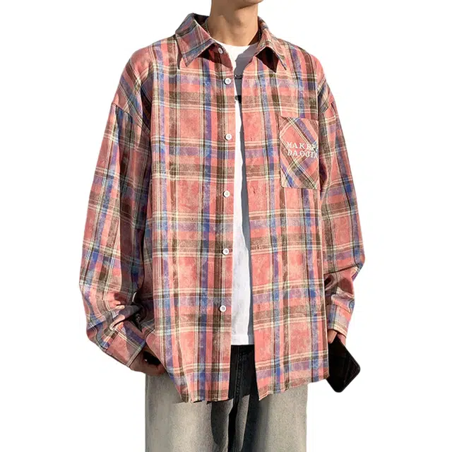 冈哉 格子条纹拼接字母刺绣设计美式复古高街休闲宽松百搭潮流痞帅单排扣长袖衬衫 男女同款